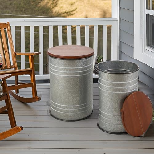 Glitzhome Rustic End Table Set of 2, Farmhouse Galvanized Metal Barrel Ottoman Storage Stool with Round Wood Lid for Living Room Furniture, Grey - Image 2