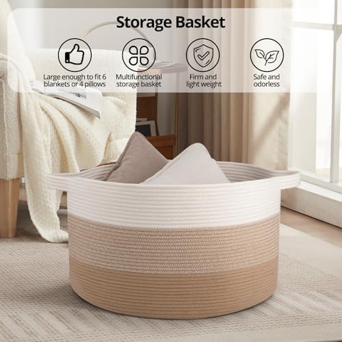 OIAHOMY 90L Extra Large Blanket Basket - Decorative Cotton Rope Storage Basket for Bedroom, Living Room & Nursery - Woven Laundry Hamper for Organizing Blankets, Clothes & Toys - Gardient Light Brown - Image 6