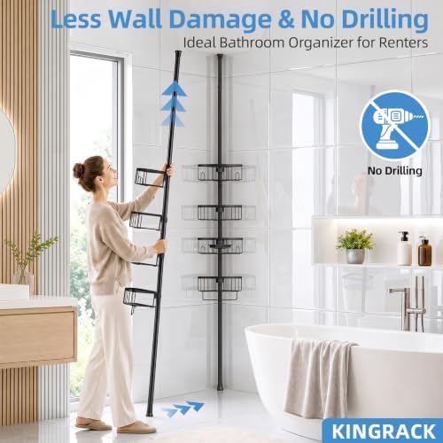 KINGRACK 4-Tier Tension Pole Shower Caddy,Corner Shelf for Storage, Black - Image 7