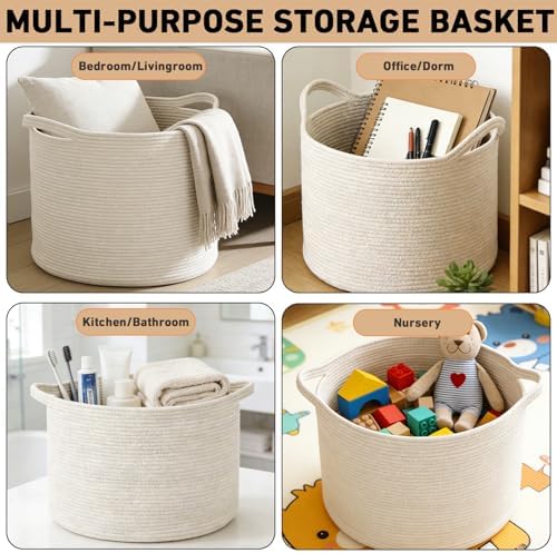 65L Large Blanket Basket,Woven Rope Laundry Basket-White - Image 6