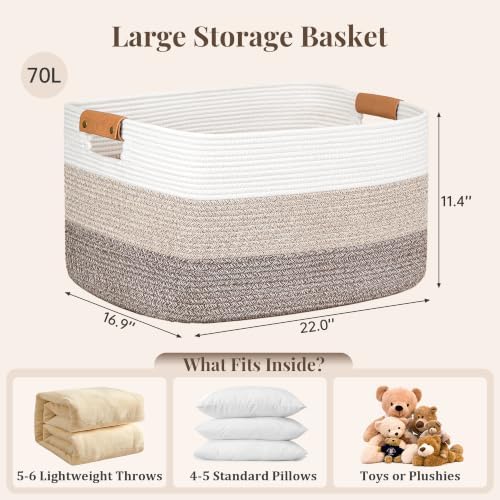 danpinera Blanket Basket, 72L Woven Storage basket with Leather Handle, Eco-friendly Decorative Storage Organization in Bathroom & Living Room for Towels 22 ''*17 ''*11.8 '', Gradient Brown - Image 4