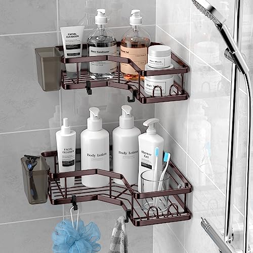 AKTECKE Shower Caddy Corner Organizer: 2Pack Adhesive Shower Shelf Essentials - No Drilling Stainless Steel Bathroom Storage Rack with Hooks and Toothpaste Holder by AKTECKE
