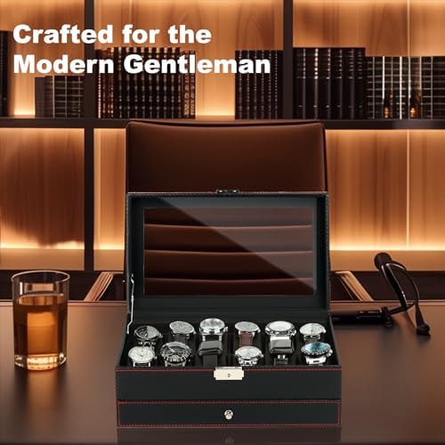 Watch Box for Men, 12 Slot Watch Case, Men's Jewelry Box With Drawer, Man Jewelry Accessory Organizer Case with Large Window, 2-Layer Watch Holder, PU Leather, Fathers Day Gift for Dad - Image 2