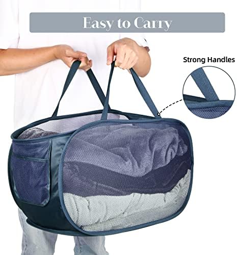 Durable Collapsible Laundry Baskets, Mesh Pop Up Laundry Hamper with Side Pocket, Foldable Clothes Hamper with Reinforced Carry Handles for Laundry, Bathroom, Kids Room, Dorm, Travel 2 Pack Navy Blue - Image 5