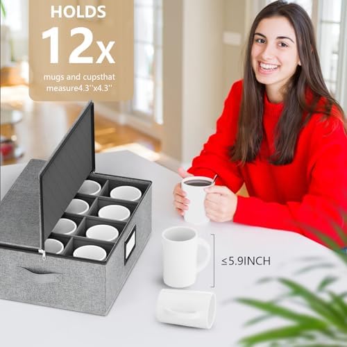 homyfort Mug Storage Box with Dividers, China Coffee Mug Storage Containers Holder Organizer Hard Shell, Service for 24 Coffee Mugs or Tea Cups (Grey) - Image 6