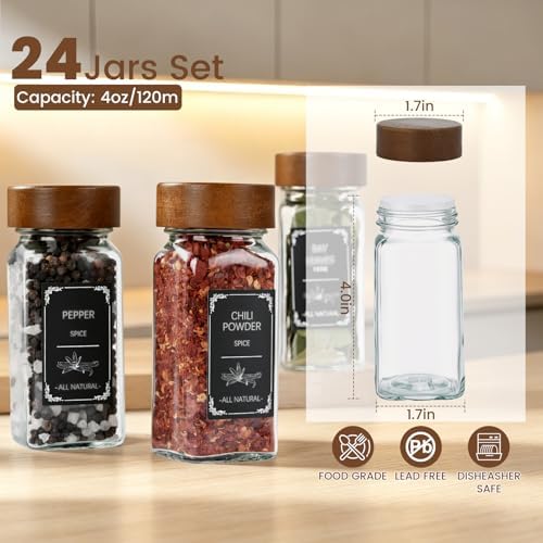 2 Pack Spice Rack with 24 Spice Jars, 4OZ Wood Lid Spice Containers with Expandable Spice Organizer Shelf, Spice Labels, Pepper Grinder Lids, Chalk Marker & Funnel Set for Drawer Kitchen Countertop - Image 4