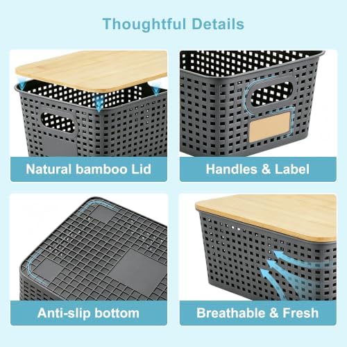 Bagnizer Small Plastic Storage Bins with Bamboo Lids 5.2qt Stackable Box Basket Pantry Decorative Containers Cute with Lable for Organizing Desktop Closet Office Gray of 6 packs 10 * 7.2 * 4.1" - Image 3