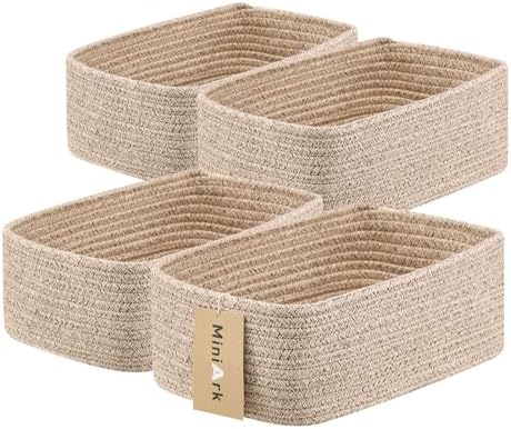 MiniArk Small Storage Baskets for Organizing | Closet Organizer Bins | Shelf Toy Basket | Woven Rope Baskets | Cube Decorative Box | Shallow Basket | 11.5x7.5x4.7” | 4 Packs Mixed Brown by MiniArkStorageBasketsHome