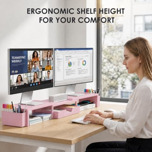 OPNICE Desk Organizers and Accessories, Dual Monitor Stand Riser with Drawer and 2 Pen Holders, Desk Shelf Computer Racks & Printer Stand for Office Workspace Organizers, Desktop Organization (Pink) - Image 2
