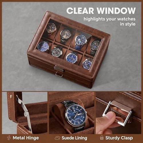 ProCase Premium Watch Box for Men, Jewelry Organizer Box with Drawer, Display Storage Case with Glass Lid -Brown, 8 Slot - Image 3