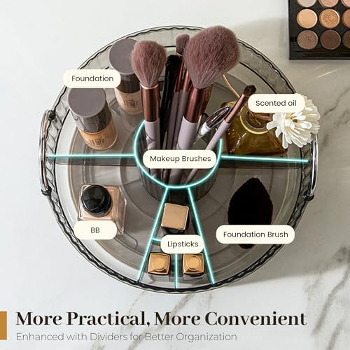 Aveniee 360° Rotating Makeup Organizer for Vanity, Upagraded Perfume Skincare Bathroom Counter Organizers with Brush Divider, Two Tier Spinning Lipstick Cosmetic Lotion Storage,Grey - Image 3