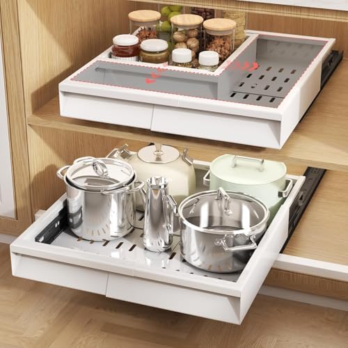 Seinloes Pull Out Cabinet Organizer, 4-Side Expandable to Fit Most Cabinets, 3 Rail Slide Out Drawers with Raising Pad for Framed & Frameless Cabinets, 11"-16" W x 13"-17" D, White, 2 Pack by Seinloes