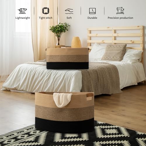 danpinera Large Woven Basket, 108L Large Blanket Basket for Living Room, Nursery, Cotton Woven Hamper for Toy Organizing & Laundry, 25’’*16’’*16’’ Gradient Linen - Image 5
