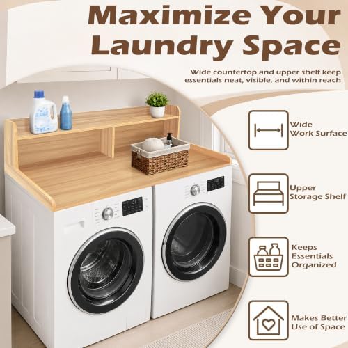 Royxen Laundry Countertop with 2-Tier Shelf Universal Fit, Washer and Dryer Countertop with Storage Space, Shelf Height 11.5 Inches, Solid Wood Core, Oak - Image 3
