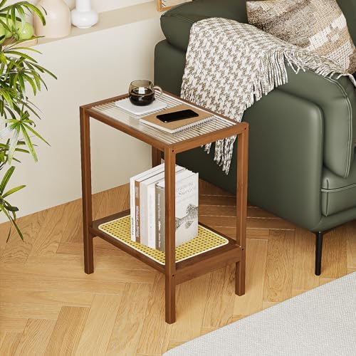 Bamworld Rattan Side Table Boho End Table 2-Tier with Storage Living Room by Bamworld