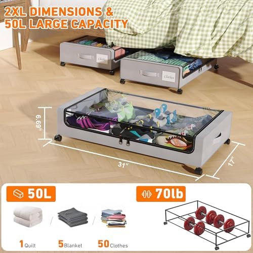 Under Bed Storage with Wheels, 2 Pack Under Bed Storage Containers with Clear Lids, XXL 65L Under Bed Storage Organizer, Rolling Under Bed Metal Drawer for Blanket, Clothes, Shoes (31 x 17 x 6.69 in) - Image 3