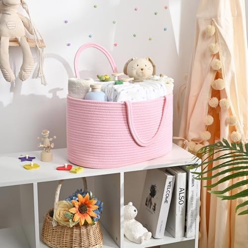 19L Baby Diaper Caddy Organizer, 16.8"x9.8"x9" Cotton Rope Diaper Basket, Changing Table Storage Caddy With Removable Divider, Baby Basket for Nursery, Car, Diapers, Baby Shower Gifts for Newborn - Image 2