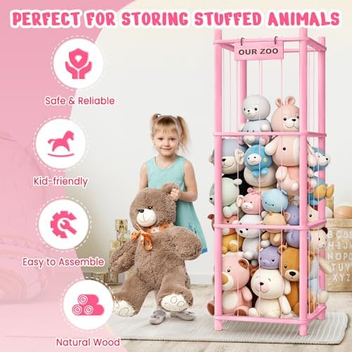 Woodure Stuffed Animal Storage & Organizer, Wooden Cute Zoo Toy Holder for Toddler Rooms, Playrooms & Bedrooms（Pink） - Image 2