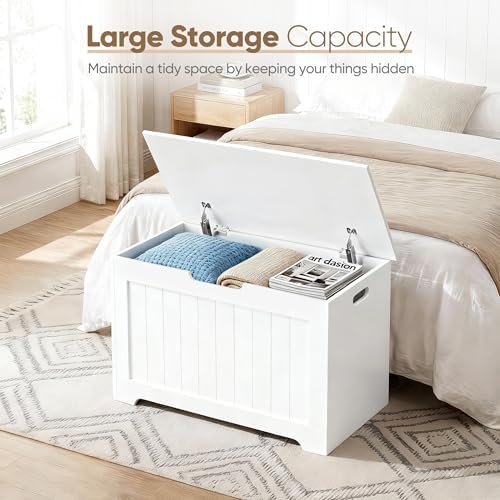 SUPER DEAL Storage Chest, 30 inches Chest Box Organizer with 2 Safety Hinges, Wooden Entryway Storage Bench, White - Image 5