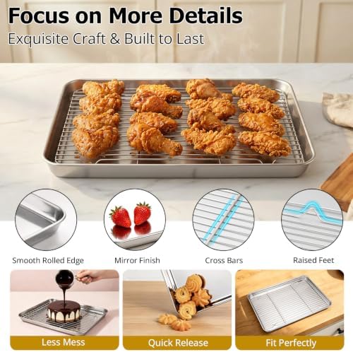 Onader 9x13IN Stainless Steel Quarter Cookie Sheet Pan with Wire Rack Set - Image 4