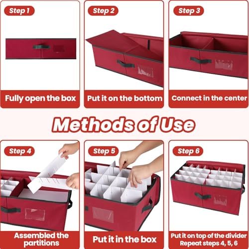 BlessedSeason Christmas Ornament Storage Box -Stores Up to 64 3” Balls, Holiday Ornaments Storage with Adjustable Dividers, Visual ID Window, Dual Zipper, Handles, Stackable, Foldable Fabric Organizer - Image 5