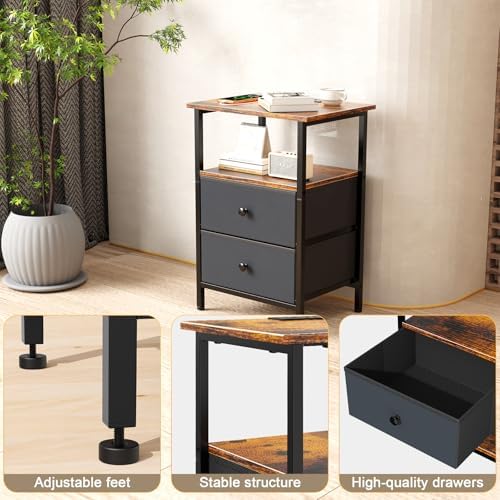 Nightstand with Charging Station, Bedside End Table with 2 Fabric Drawers for Bedroom, Side Table with USB Ports and Outlets (Brown Black) - Image 5