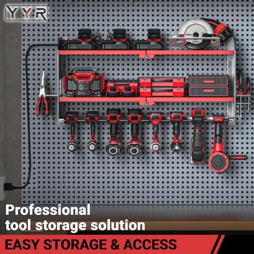 YYR Power Tool Organizer with Charging Station Wall Mount, Cordless Drill and Battery Holder for Garage Organization, Electric Tools Storage Rack Build in Surge Protection Power Strip - Red Shelf - Image 4