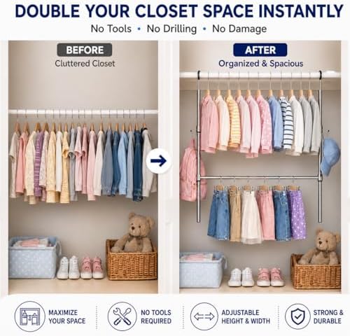Adjustable Metal Hanging Closet Rod Extender with Hooks, Chrome - Image 4