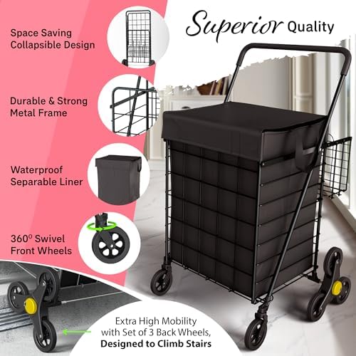 Our Modern Space Stairs Climbing Shopping Cart w/Waterproof Basket Liner & 360° Swivel Wheels | Foldable Collapsible & Lightweight | Perfect for Groceries Laundry Utility Cart - Black - Image 3