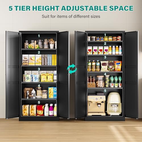 SISESOL Black Storage Cabinet,71" Tall Pantry Cabinet,Kitchen Pantry Storage Cabinets with 2 Doors and 5 Shelves,Wide Deep Metal Food Cupboard for Home,Kitchen,Dining/Living Room - Image 5