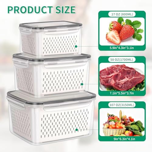 3 Pcs Fruit Containers for Fridge, Strawberry Storage Containers for Fridge, Food Storage Container with Airtight Lid, Removable Colander Basket for Rinsing and Draining, Keep Produce Fresh Longer - Image 6