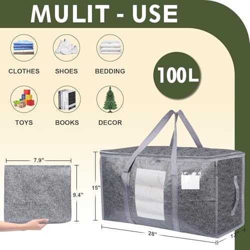4 Pack Extra Large Moving Bags Heavy Duty 180GSM,130LBS 100L Totes with Visible Window, Zippers & Wrap-Around Handles, Waterproof Reusable, Alt to Moving Boxes, Gray - Image 2