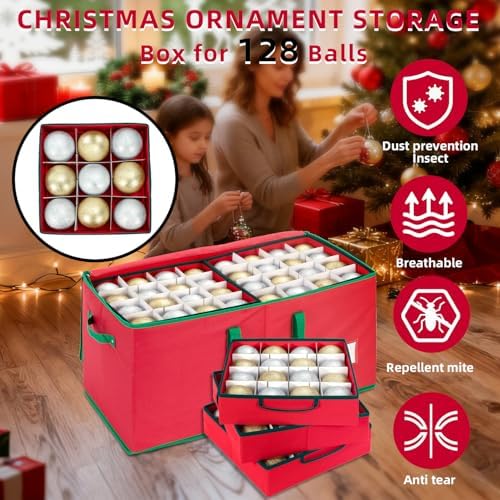 Christmas Ornament Storage Box With 8 Removable Trays for 128 Ball,RED - Image 2