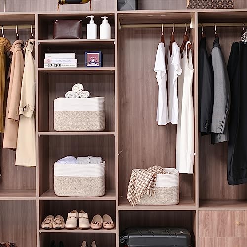 ICERZCZ Storage Baskets for Organizing, Woven Cotton Rope Basket for Storage Books, Baby Organizing Baskets, Toy Storage Basket, 15"x11"x9.5", 3 Packs, Off White & Brown - Image 2