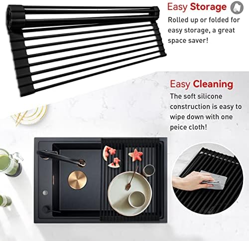 MERRYBOX Roll Up Dish Drying Rack Silicone Wrapped Over The Sink Dish Drying Rack Multipurpose Foldable Sink Drying Mat Anti-Slip & Anti-Rust Dish Rack for Kitchen, 17.5" x 13", Black - Image 3