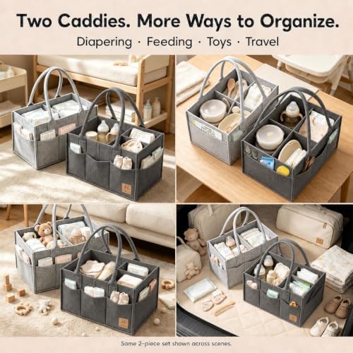 HIPHOP PANDA 2-Pack Diaper Caddy Organizer - Nursery Storage Bin & Car Organizer for Diapers, Wipes, and Baby Essentials - Dual-Color Solid Set (Dark Grey/Grey), Large Size - Image 7