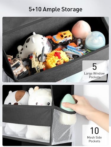 Yecaye 1 Pc Over the Door Organizer with 5 Bins 10 Side Pockets, 44lbs Load Hanging Bathroom and Bedroom Organizer, behind the Door Hanging Organizers for Nursery Newborn Baby Essential Stuff Black - Image 3