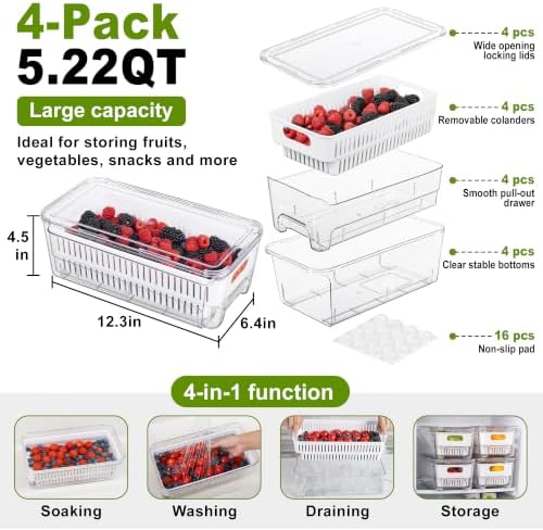 4-Pack Fruit Storage Containers for Fridge, Pull-Out Drawers with Colanders - Image 2