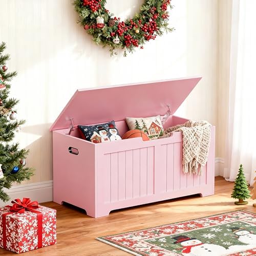 SUPER DEAL Storage Chest, 39 inches Chest Box Organizer with 2 Safety Hinges, Wooden Entryway Shoe Organizer Storage Bench, Pink - Image 2