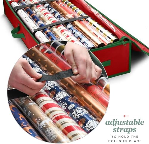 Premium Wrapping Paper Organizer Storage | Gift Wrap Holder With Extra Pockets for Christmas Decorations, Reinforced Handles, Heavy Duty, Ultra-Durable, Tear-Proof Fabric - Fits Up to 27 Rolls (Red) - Image 4