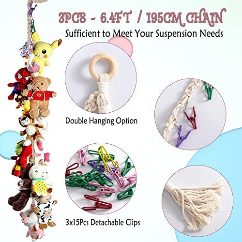 3 Pieces Stuffed Toy Chain Display Organizer Strong Toy Organizer Storage Chain Stuffed Animal Toy Holder Hanging with 45 Metal Clips 6 Ceiling Hook for Hanging Plush Toys Display - Image 2