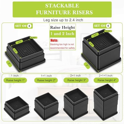 4 Pack Furniture Risers 3 Inch, Adjustable Bed Risers Heavy Duty for Table Desk Couch Chair Sofa Cabinet Bed Frame Dorm, Square Stackable Table Leg Risers Lift Height 1", 2” or 3", Black - Image 2