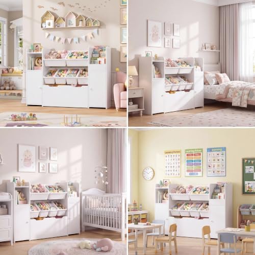 55'' Toy Storage Organizer & Kids Bookshelf with Large Wood Toy Chest,White - Image 5