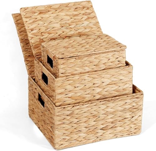 Wicker Storage Baskets with Lids,Multi-size 3 Pack Natural Water Hyacinth Wicker Nesting Baskets,Decorative Storage Ratten Boxes for Organizing,Storage,and Gifts by WickerStorageBaskets