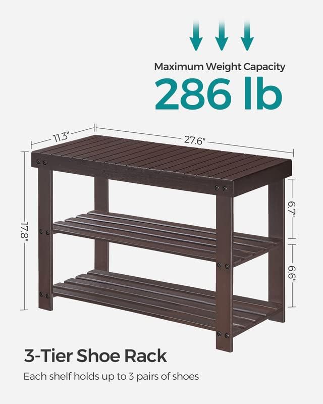 SONGMICS Shoe Rack Bench, 3-Tier Bamboo Shoe Storage Organizer, Entryway Bench, Holds Up to 286 lb, 11.3 x 27.6 x 17.8 Inches, for Entryway Bathroom Bedroom, Brown ULBS04Z - Image 6