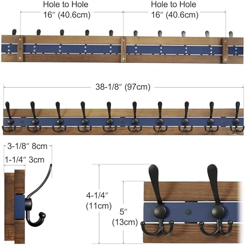 SKOLOO Rustic Coat Rack Wall Mount- 38-1/8" Long Coat Hooks for Wall with 10 Triple Hooks for Hanging Coats, Hats or Tools, Western National Parks Collection, Wood Brown & Blue, Pack of 2 - Image 5
