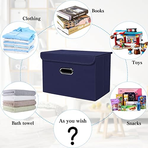 STOREONE Fabric Storage Cube Bins Foldable Organizer Container Collapsible Basket with Lids and Metal Handles, for Home, Bedroom, Closet 3 Pcs (Navy Blue) - Image 3