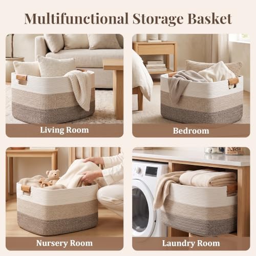 danpinera Blanket Basket, 72L Woven Storage basket with Leather Handle, Eco-friendly Decorative Storage Organization in Bathroom & Living Room for Towels 22 ''*17 ''*11.8 '', Gradient Brown - Image 5