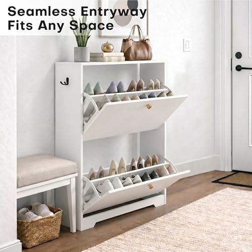 Nicetree Shoe Cabinet with 2 Flip Drawers, Modern Entryway Organizer, White - Image 4