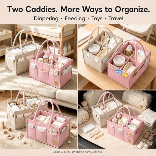 HIPHOP PANDA 2-Pack Diaper Caddy Organizer - Nursery Storage Bin & Car Organizer for Diapers, Wipes, and Baby Essentials - Dual-Color Solid Set (Pink/Oatmeal), Regular Size - Image 7
